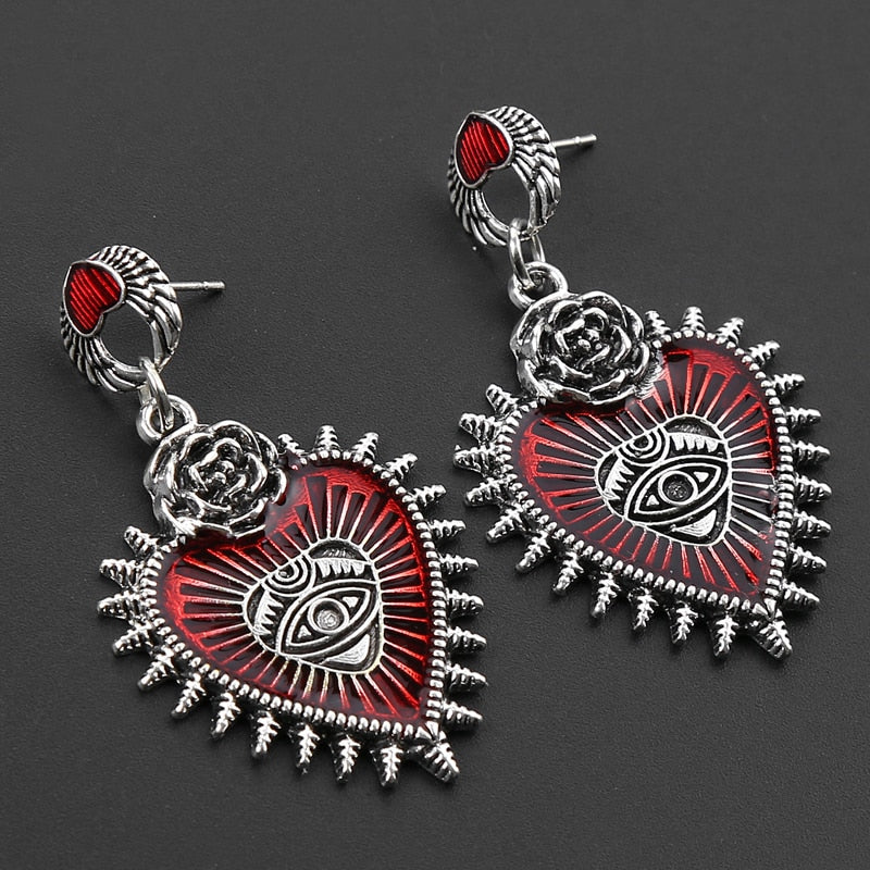 Gothic Heart Cross Bird Skull Earrings