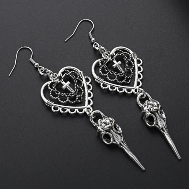 Gothic Heart Cross Bird Skull Earrings