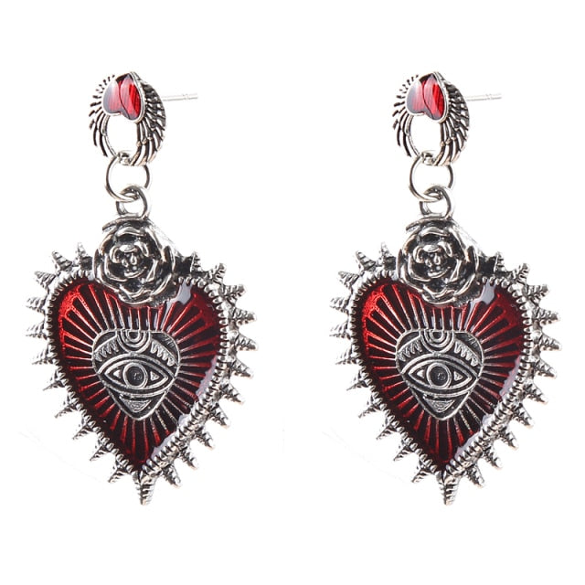 Gothic Heart Cross Bird Skull Earrings