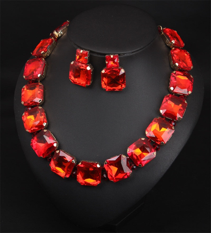 Bohemian Geometric Red Crystal Bridal Wedding Jewelry Sets