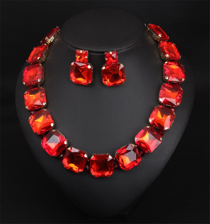 Bohemian Geometric Red Crystal Bridal Wedding Jewelry Sets