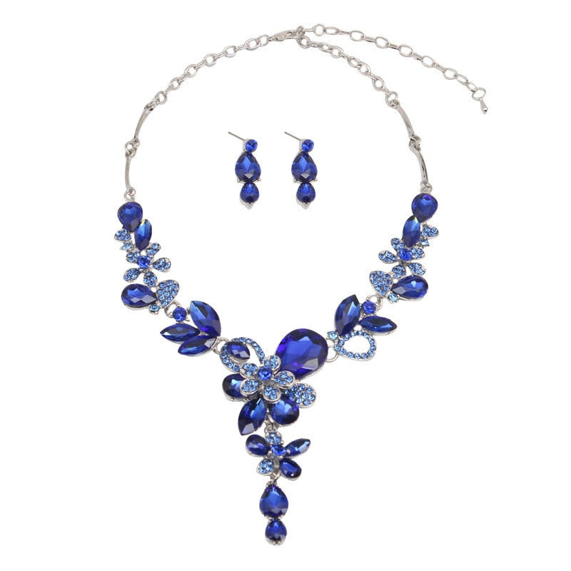 Luxury Big Blue Water Drop Flower Crystal Bridal Jewelry Sets