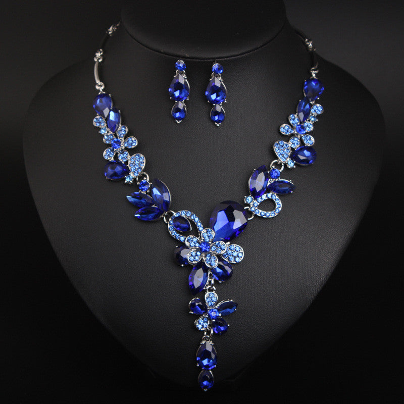 Big Blue Water Drop Flower Crystal Bridal Jewelry Sets