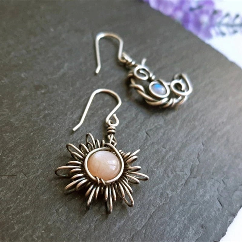 Vintage Sun and Moon Silver Color Crystal Drop Earrings
