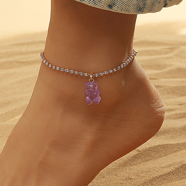 Tobillera con cadena de tenis y oso morado para mujer