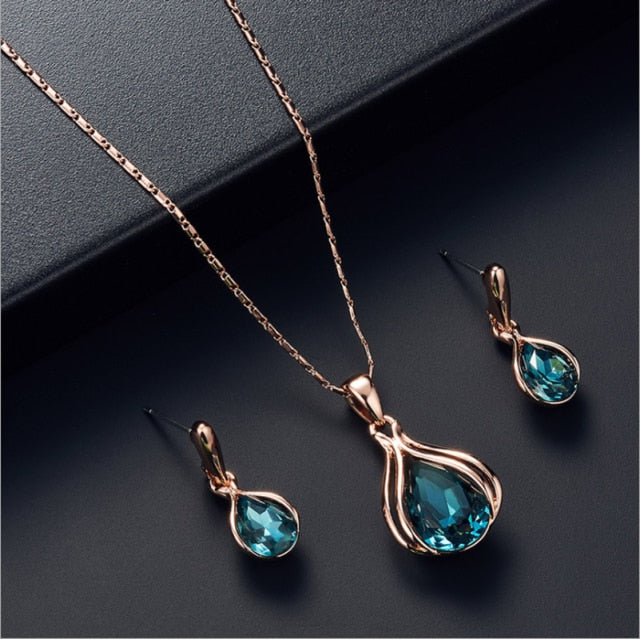 Women Elegant Waterdrop Rhinestone  Hook Earrings Jewelry Set