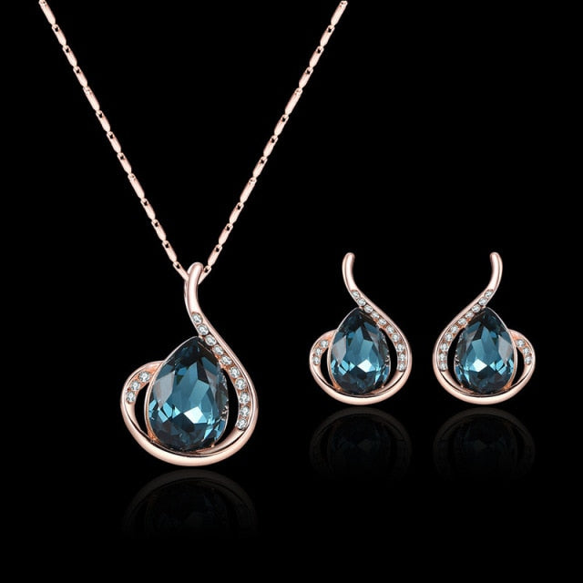 Women Elegant Waterdrop Rhinestone  Hook Earrings Jewelry Set