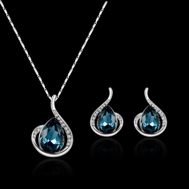 Women Elegant Waterdrop Rhinestone  Hook Earrings Jewelry Set
