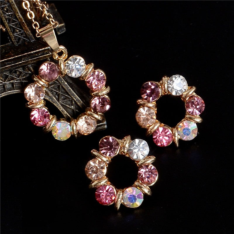 Gold Color Sweet Pink  Austrian Crystal Necklace Earring Jewelry Sets