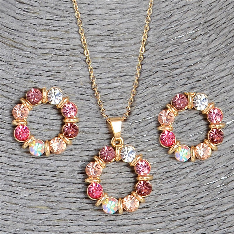 Gold Color Sweet Pink  Austrian Crystal Necklace Earring Jewelry Sets