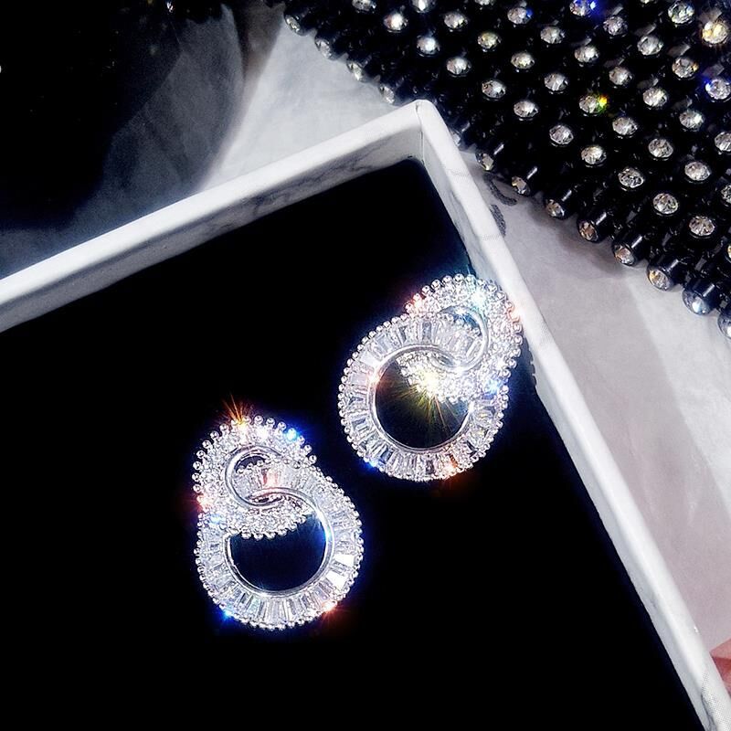 S925 Sterling Silver Color Round Cute Bling Zircon Stone Stud Earrings