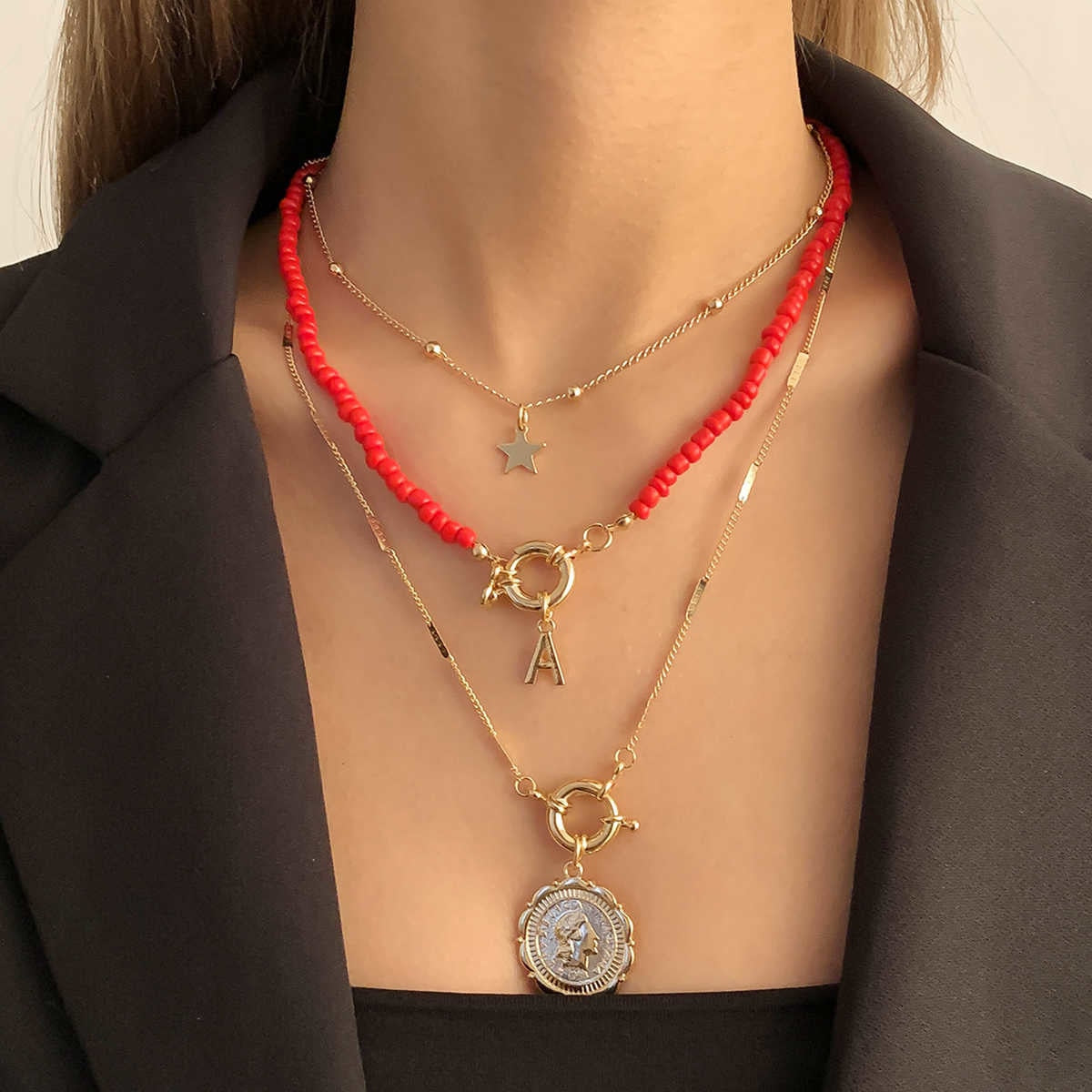 3Pcs/Set Red Color Seed Beaded Chain Choker Necklace