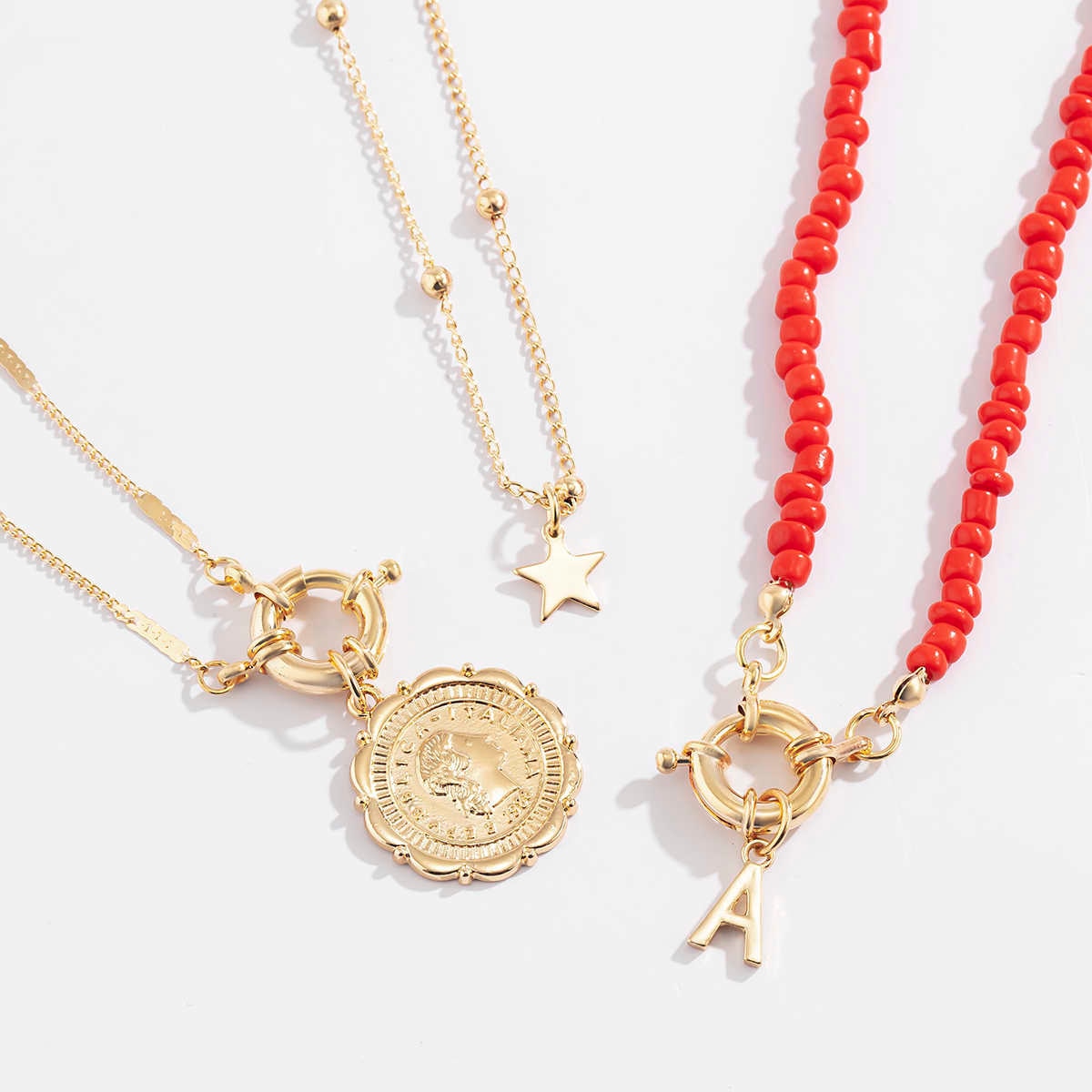 3Pcs/Set Red Color Seed Beaded Chain Choker Necklace
