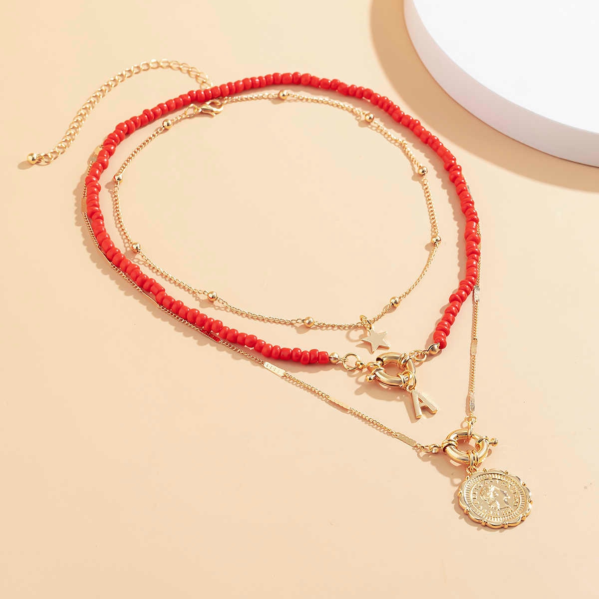 3Pcs/Set Red Color Seed Beaded Chain Choker Necklace