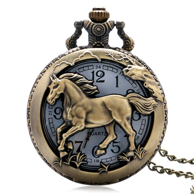 Retro Bronze Hollow Horse Case Design Quartz Pocket Watch