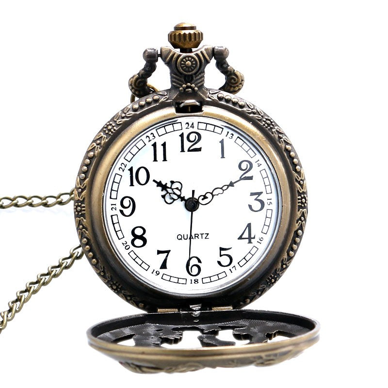 Retro Bronze Hollow Horse Case Design Quartz Pocket Watch