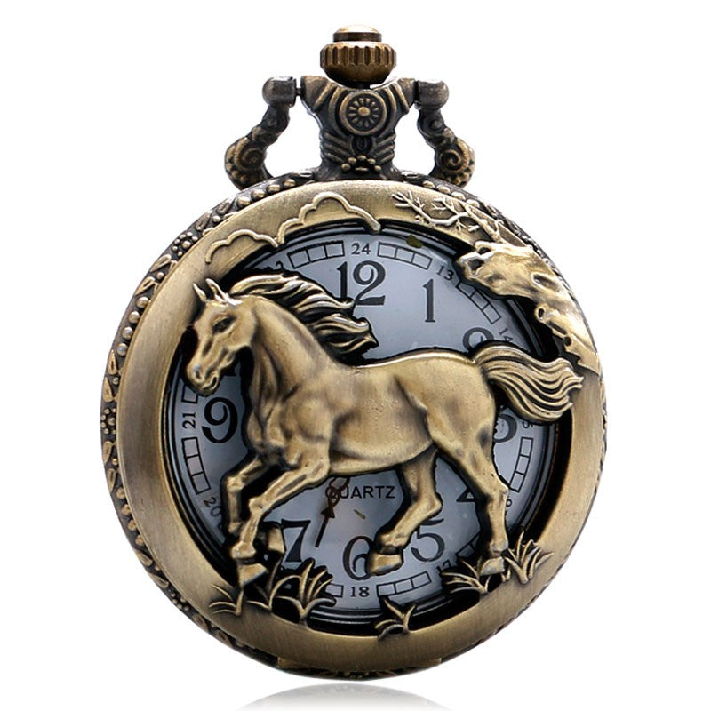 Retro Bronze Hollow Horse Case Design Quartz Pocket Watch