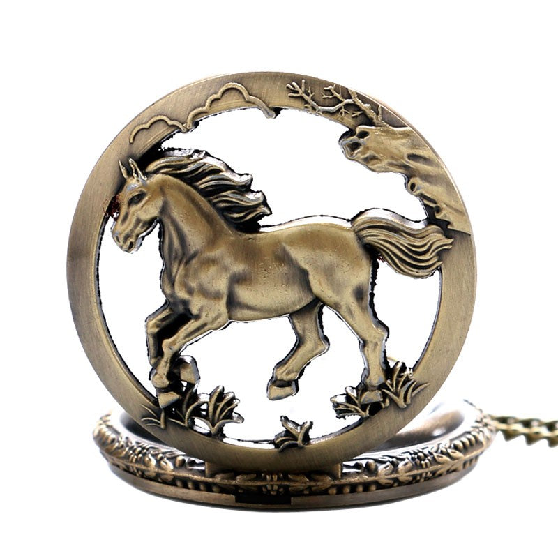 Retro Bronze Hollow Horse Case Design Quartz Pocket Watch