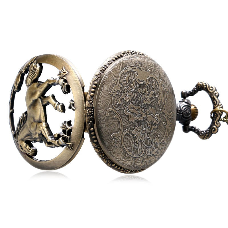 Retro Bronze Hollow Horse Case Design Quartz Pocket Watch