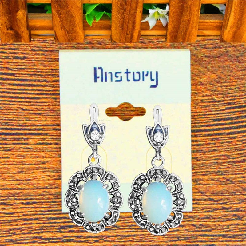 Oval Transparent Opal Necklace Earrings Jewelry Set