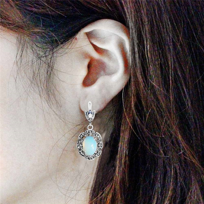 Oval Transparent Opal Necklace Earrings Jewelry Set