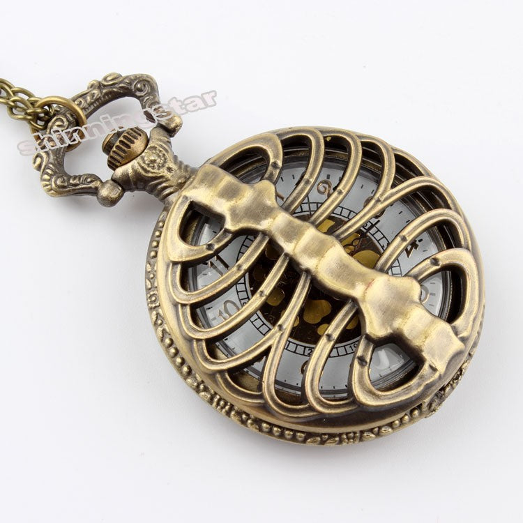 Retro Steampunk Bronze Spine Ribs Hollow Quartz Pocket Watch