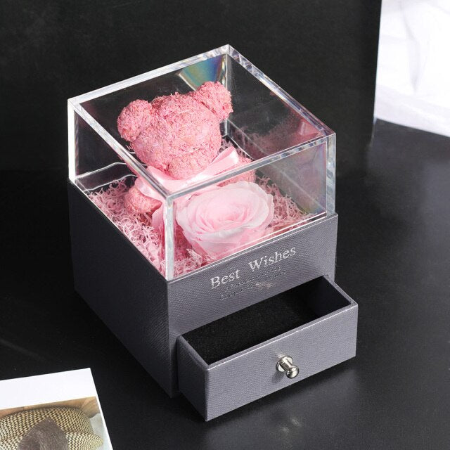 Jewelry Box with Eternal Rose Beauty and The Beast Teddy bear Flower Box