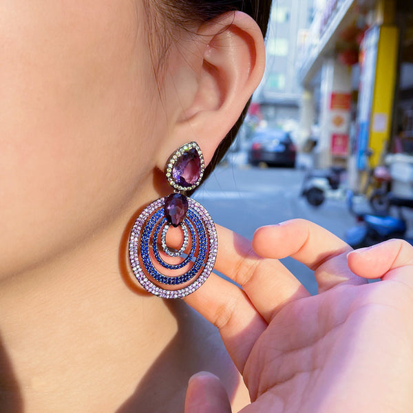 Creative Purple Blue Multiple Ripple Circle Design Cubic Zirconia Long Big Drop Earrings