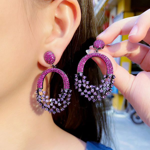 Pink Purple Cubic Zirconia Long Black Gold Big Round Dangle Drop Earrings