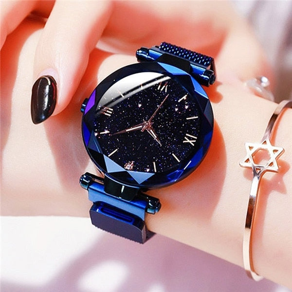 Relojes de lujo con cielo estrellado para mujer, reloj con correa de malla magnética