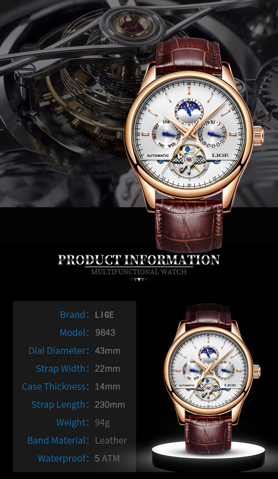 Luxury Automatic Mechanical Watch Men Leather Waterproof Watch Week Clock+Boxo