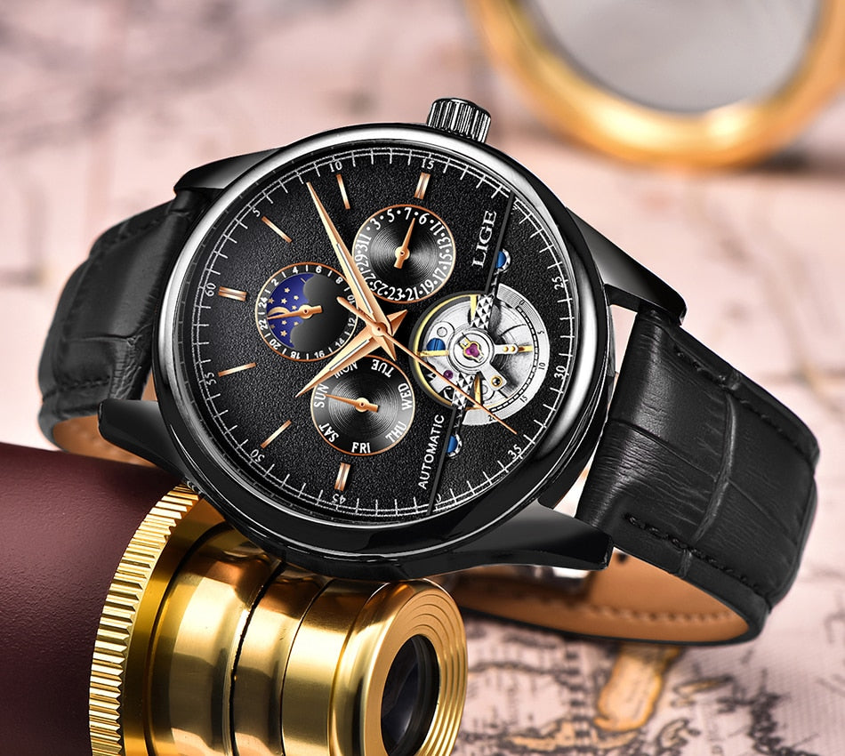 Luxury Automatic Mechanical Watch Men Leather Waterproof Watch Week Clock+Boxo