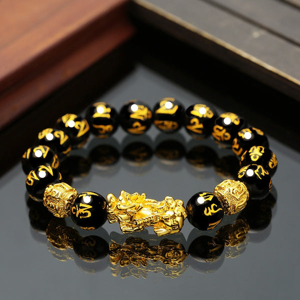 Pulsera de cuentas de piedra obsidiana Feng Shui para hombres y mujeres