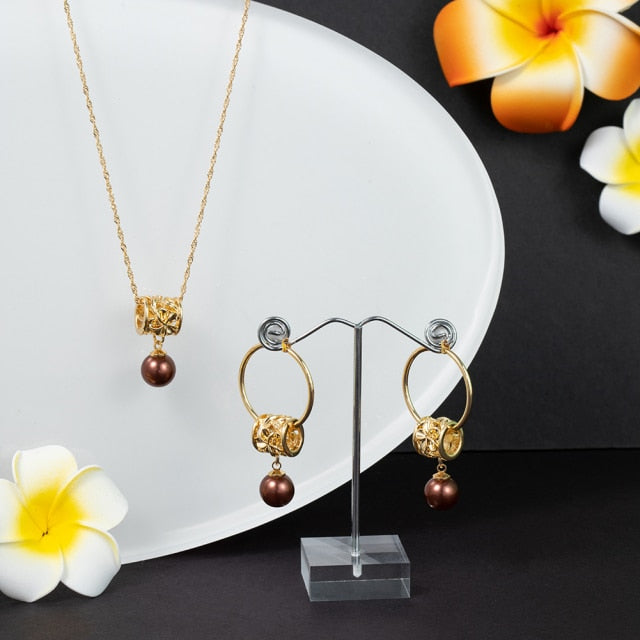 Hawaiian Gold Polynesian Hoop Earrings Necklace Sets