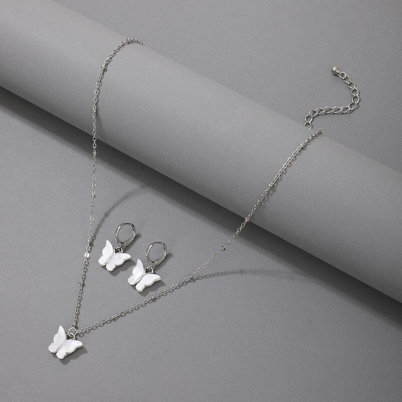 Butterfly Pendant Necklace Colorful Acrylic Drop Earring Jewelry Sets