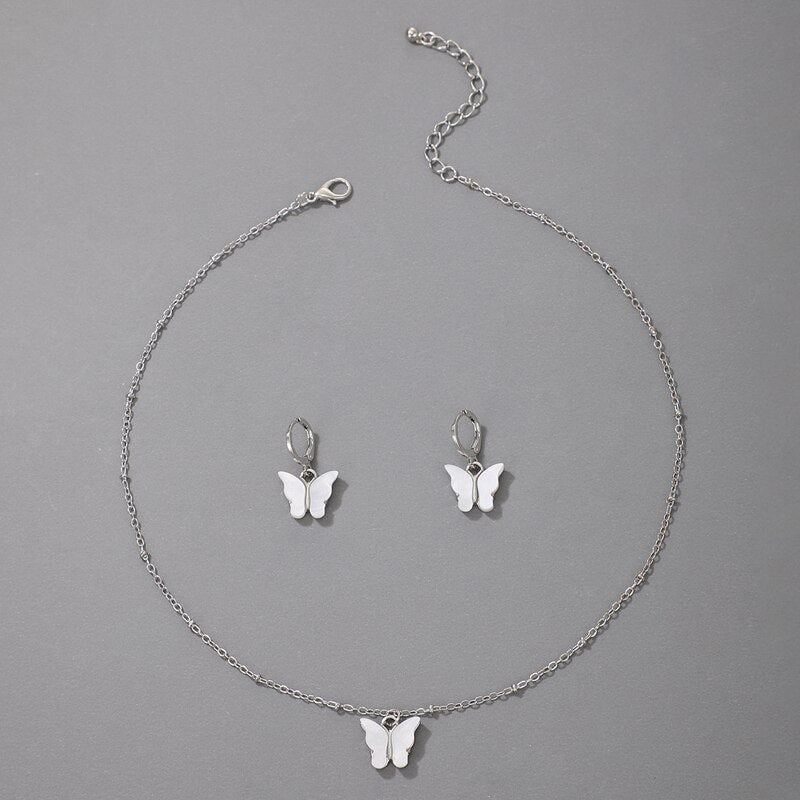Butterfly Pendant Necklace Colorful Acrylic Drop Earring Jewelry Sets
