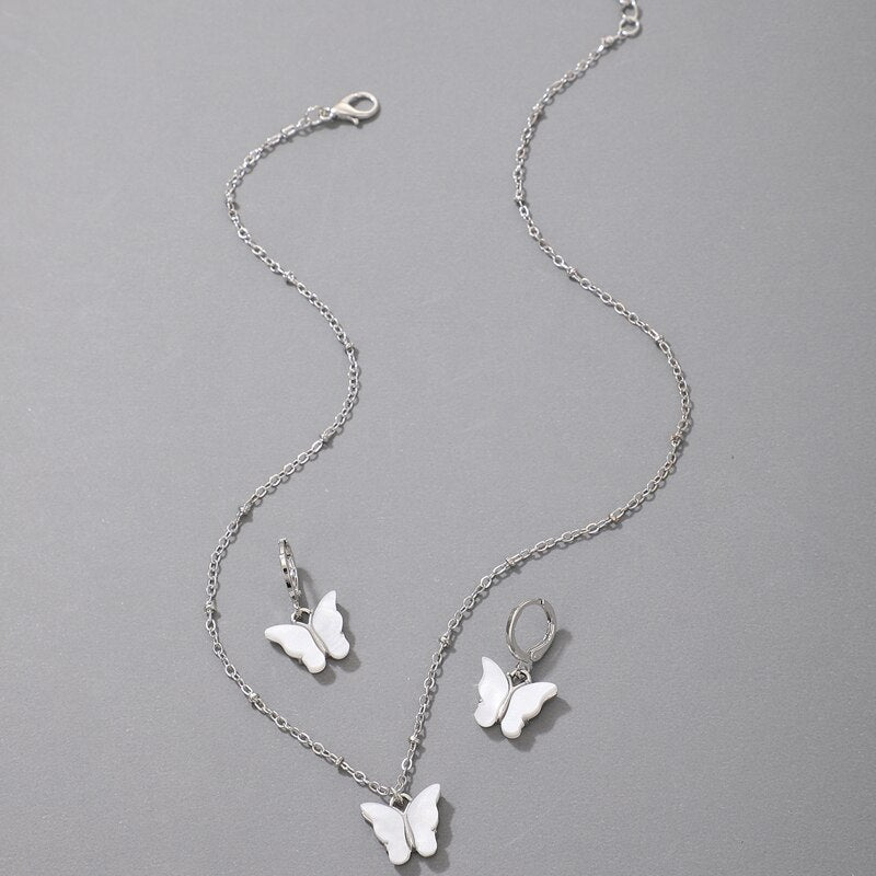 Butterfly Pendant Necklace Colorful Acrylic Drop Earring Jewelry Sets