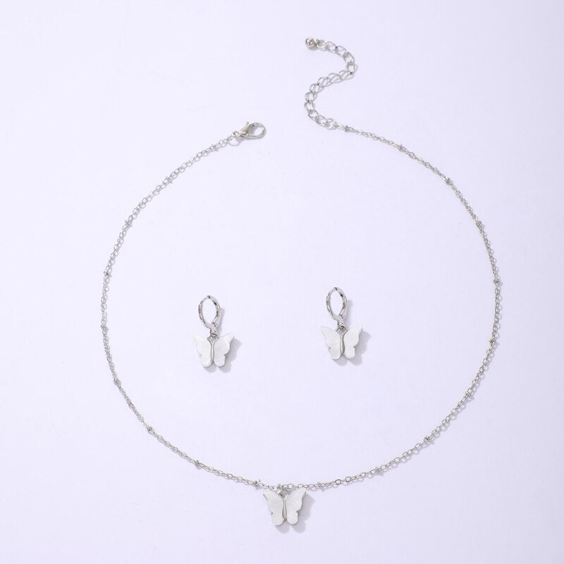 Butterfly Pendant Necklace Colorful Acrylic Drop Earring Jewelry Sets