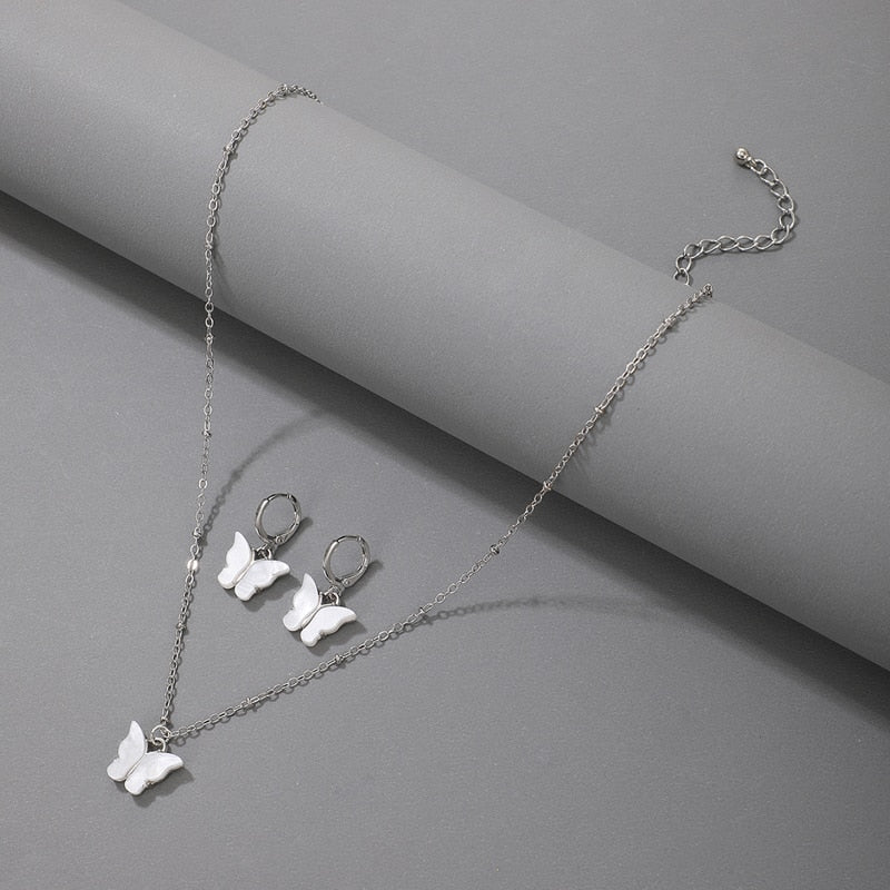 Butterfly Pendant Necklace Colorful Acrylic Drop Earring Jewelry Sets