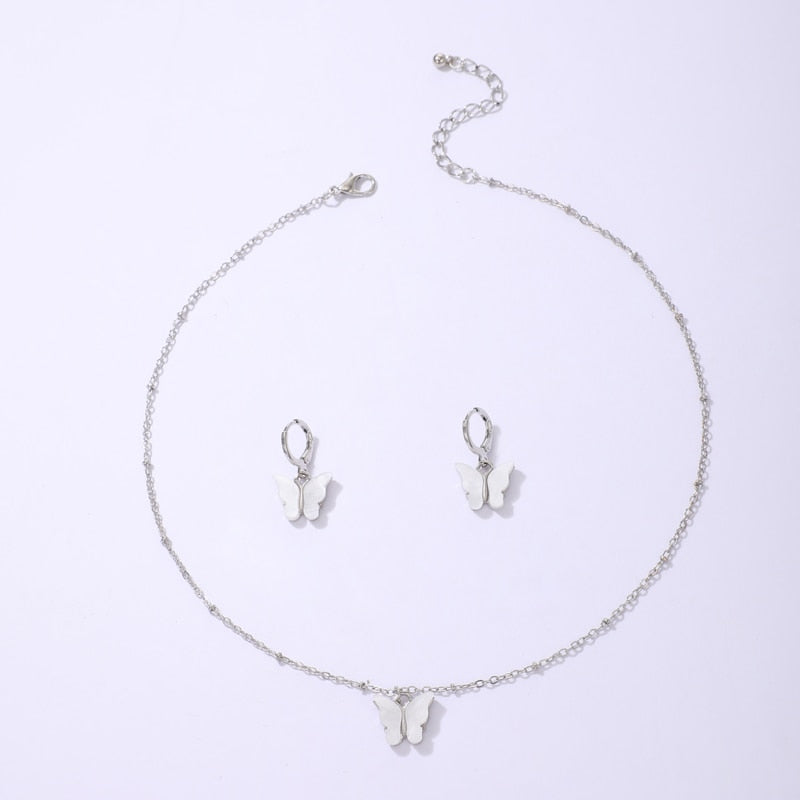 Butterfly Pendant Necklace Colorful Acrylic Drop Earring Jewelry Sets
