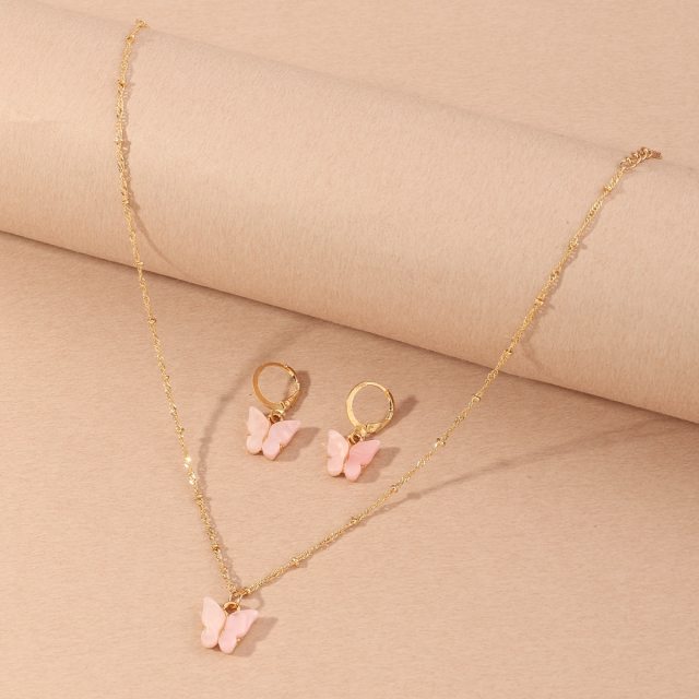 Butterfly Pendant Necklace Colorful Acrylic Drop Earring Jewelry Sets