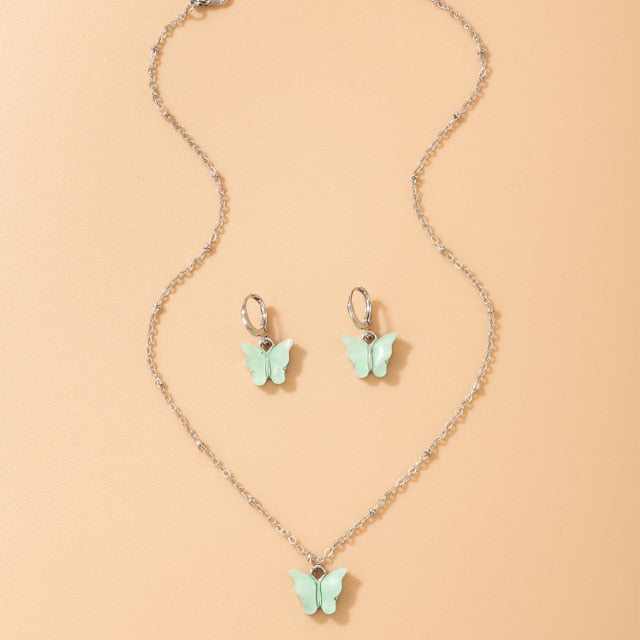 Butterfly Pendant Necklace Colorful Acrylic Drop Earring Jewelry Sets