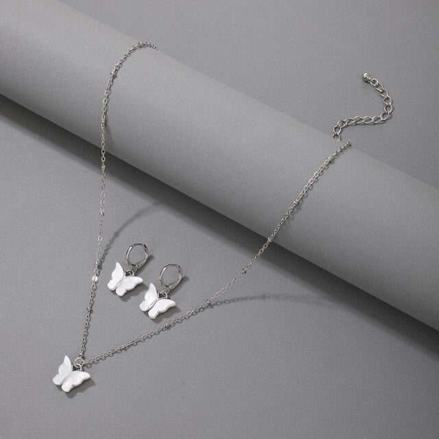 Butterfly Pendant Necklace Colorful Acrylic Drop Earring Jewelry Sets