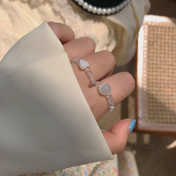 Anillo elástico minimalista con cuentas transparentes, corazón de amor, concha y piedra