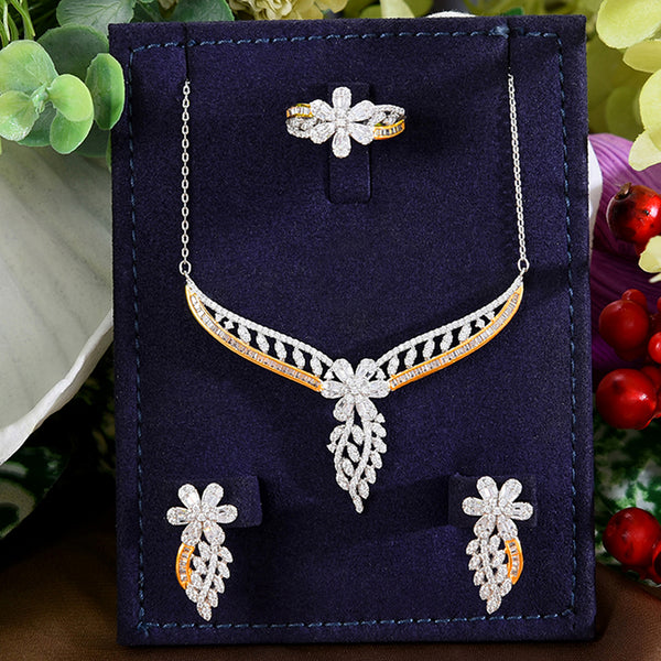 Flower Charm 3PCS Ring Necklace Earring Set For Women