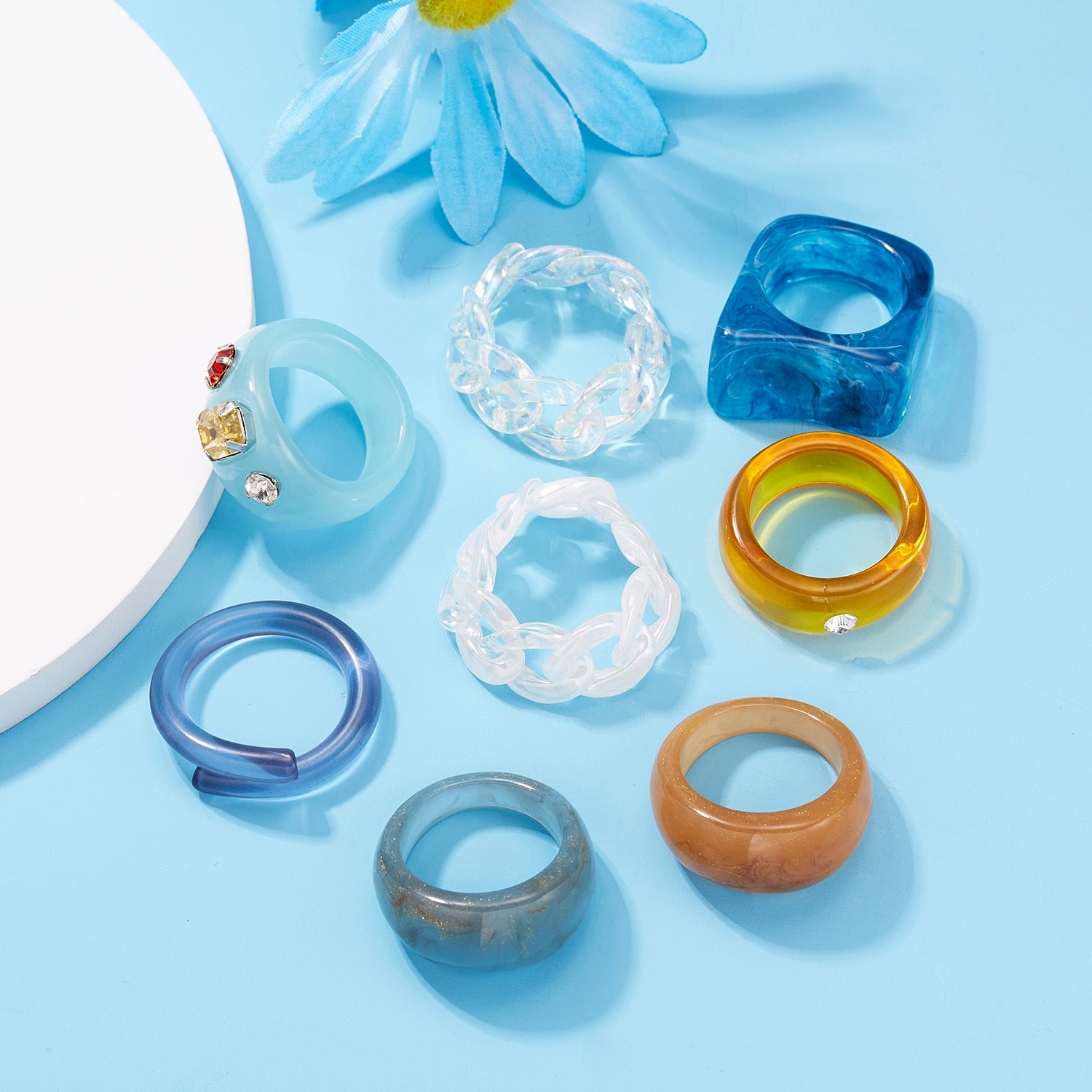 Fashion Colorful Acrylic Resin Geometric Round Transparent Rings Set
