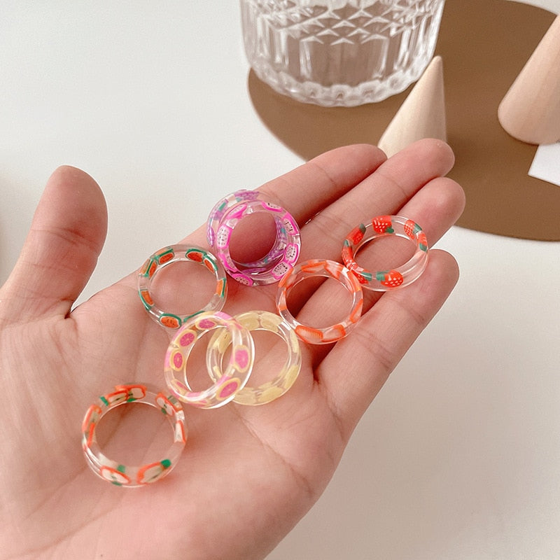 Fashion Colorful Acrylic Resin Geometric Round Transparent Rings Set