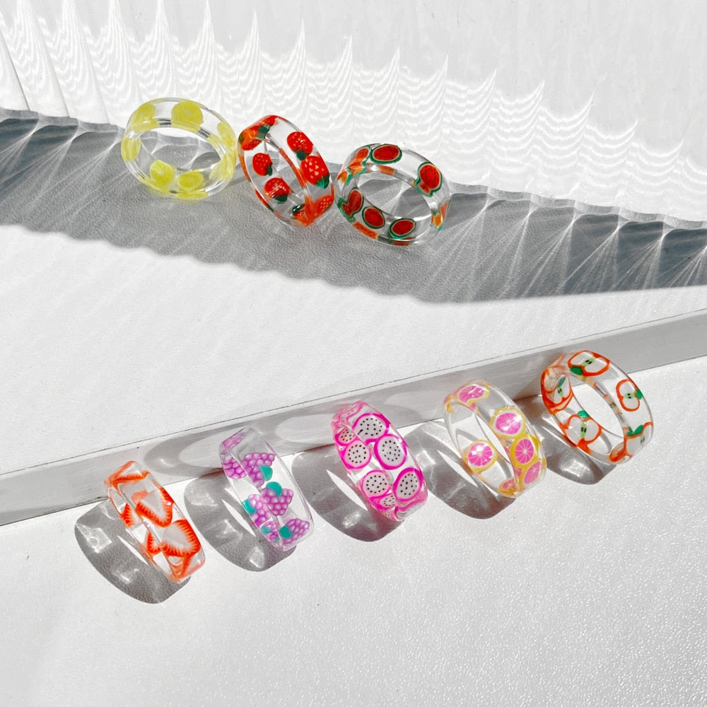 Fashion Colorful Acrylic Resin Geometric Round Transparent Rings Set