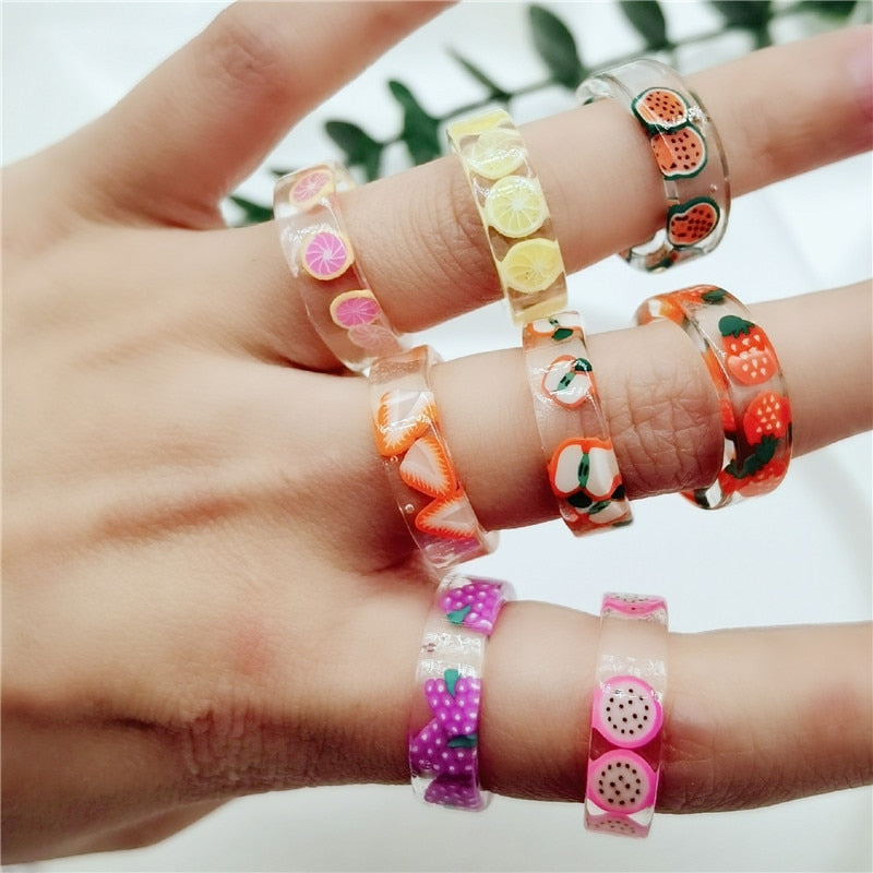Fashion Colorful Acrylic Resin Geometric Round Transparent Rings Set