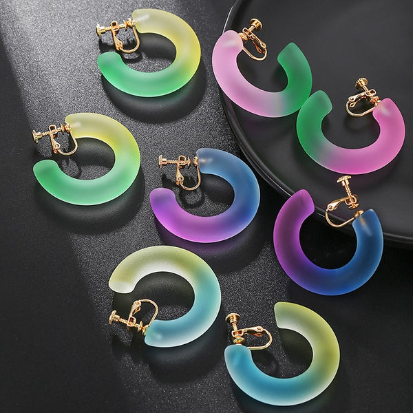 Pendientes de aro con clip en forma de C geométricos con degradado colorido coreano